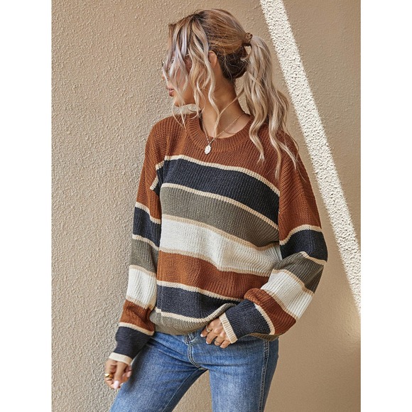 Striped stripe soft knit Oversized Sweater fall tan gray green cream tan - Picture 5 of 8